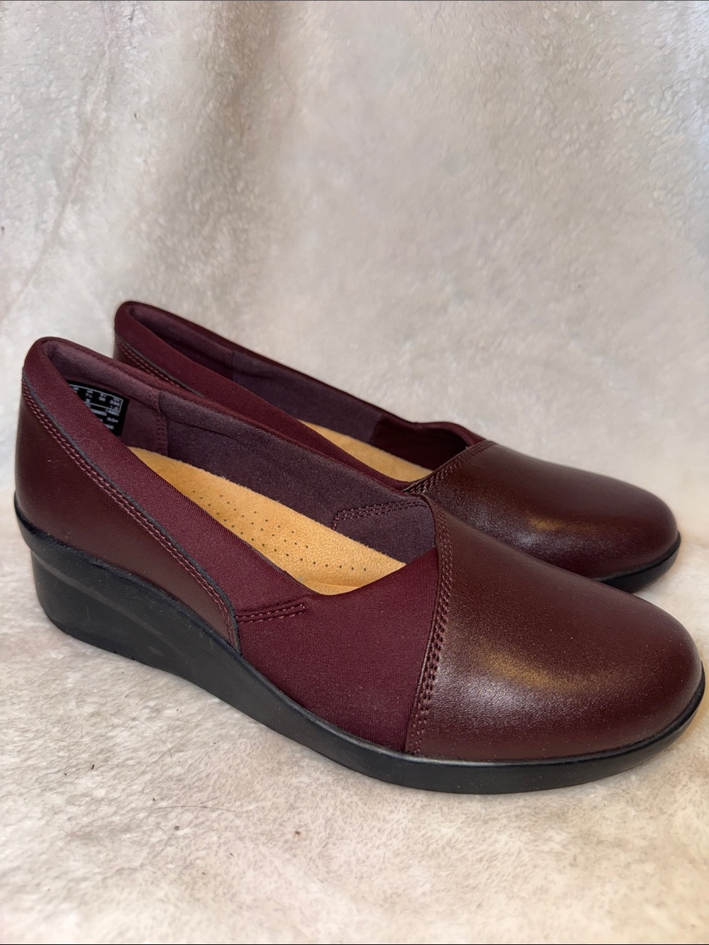 Clarks Burgundy Slip-On Wedge Loafers